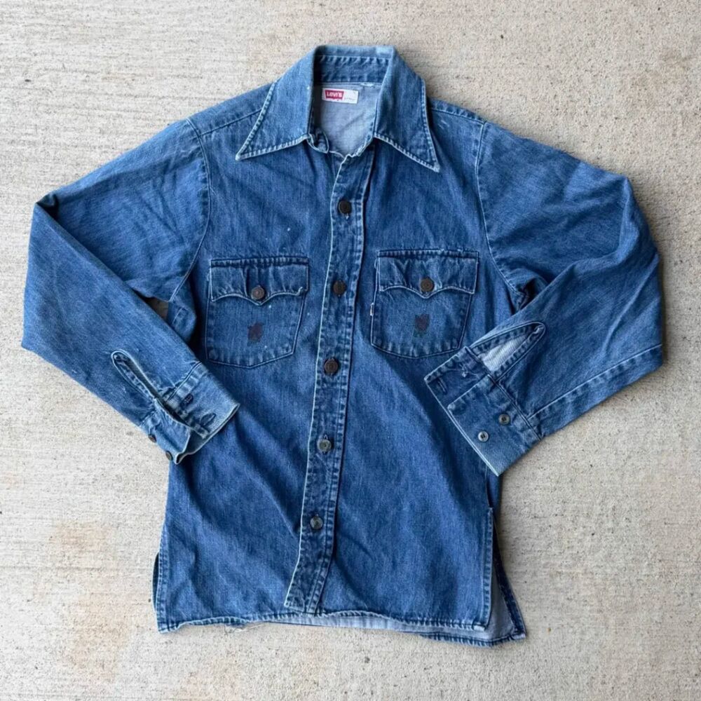 Vintage 70s Levis Big E White Tab Denim Shirt Dagger Collar Western Size Small